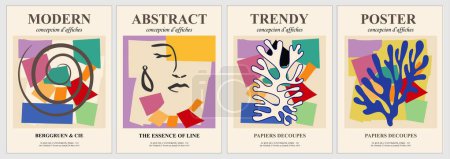 Téléchargez les illustrations : Set of abstract posters in bright Mid Century modern colors. Trendy Matisse inspired contemporary wall art. Aesthetic minimalist design collection. Vector art illustrations for background, cover. - en licence libre de droit