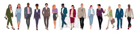 Ilustración de Business people walking. Vector illustration of diverse cartoon men and women of various ethnicities, ages and body type in office outfits. Big Set of different business characters. Isolated on white. - Imagen libre de derechos