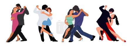 Illustration for Set of different Dancing Couples, Dancers Tango, Salsa, Bachata, Flamenco, Latina Dance. Young men and women in dance poses. Vector realistic illustration isolated on white background. - Royalty Free Image