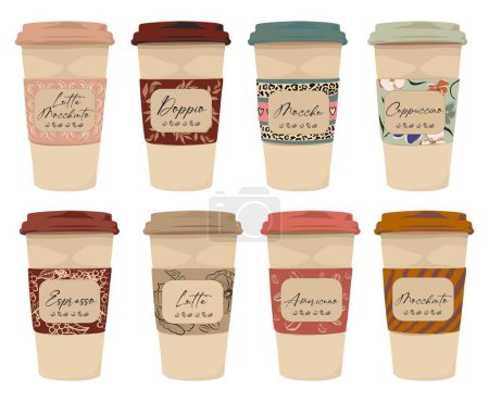 Illustration for Set of different takeaway coffee cups - espresso, cappuccino, americano, latte, moccachino with trendy decorative labels and plastic lids. Hot drinks to go. Vector illustration isolated. - Royalty Free Image