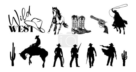 Ilustración de Wild west elements - cowboys, boots, hat, gun, horse, cactus silhouettes. Line art black and white monochrome Vector illustrations isolated on white background. - Imagen libre de derechos