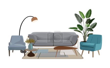 Living room interior. Comfortable sofa, armchairs, coffee table, house plant, vase. Vector realistic illustration isolated on white background.