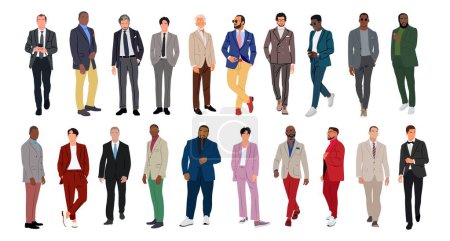 Téléchargez les illustrations : Set of Business men different races, ages and body types, walking and standing. Handsome male characters in formal suits, tuxedo. Multiracial business team. Business people vector collection. - en licence libre de droit