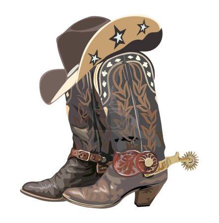 Illustration for Pair of western cowboy boots with spurs and hat. Stylish cowgirl boots and hat embroidered with traditional american symbols. Realistic vector hand drawn illustration isolated on white background. - Royalty Free Image
