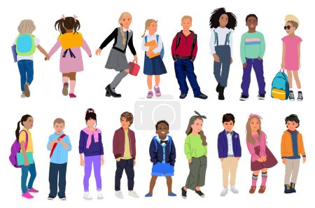 Ilustración de Set of kids, boys and girls vector illustration isolated. Happy elementary, middle school pupils. Collection of children different races and nationality standing and walking, front, back, side view. - Imagen libre de derechos
