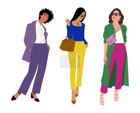 Téléchargez les illustrations : Set of stylish young women dressed in trendy clothes. Fashionable girls in smart casual office outfits. Attractive ladies different ethnicities. Flat cartoon colorful vector realistic illustrations. - en licence libre de droit