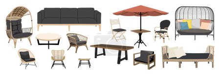 Outdoor garden, porch zone furniture vector realistic illustration set. Cartoon style cozy back yard objects - different rattan armchairs, tables, sofa, day bed, umbrella isolated on white background.