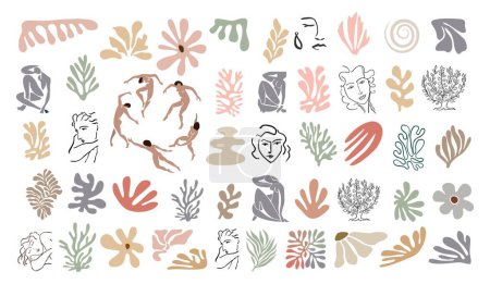 Ilustración de Conjunto de formas orgánicas abstractas, hojas exóticas de la selva, siluetas femeninas desnudas, algas. Moderno estilo inspirado en Matisse. Ilustración de arte vectorial contemporáneo aislado sobre fondo blanco. Pegatinas digitales - Imagen libre de derechos