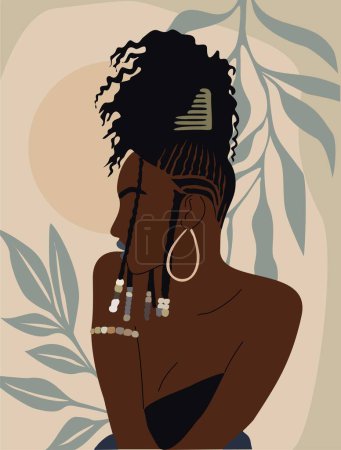 Illustration for Modern Woman Wall Art, Abstract Female Print, Boho Girl Wall Decor, Mid Century wallpaper design with stylish black woman and tropical leaf. Vector illustration in trendy pastel Earthy Tone colors. - Royalty Free Image