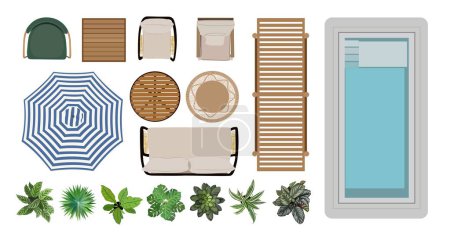 Illustration for Outdoor furniture top view icons for interior and landscape design plan. Sofa, armchairs, table, plants, sunbed, swimming pool for garden, terrace, patio, porch zone. Realistic illustration isolated. - Royalty Free Image