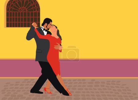 Illustration for Latin Dancers couple in salsa, bachata or tango poses on the old Boca Chica street in Buenos Aires. Flat vector realistic illustration with copy space. Horizontal banner, cover, background template. - Royalty Free Image