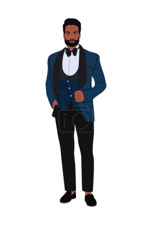 Elegante hombre con esmoquin, traje para evento formal, fiesta, boda. Guapo barbudo hombre de negocios negro en ropa de lujo. Ilustración realista vectorial aislada sobre fondo blanco.