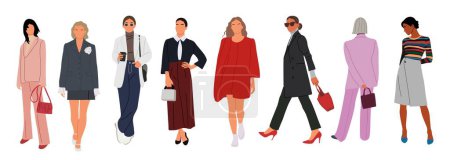 Modern women collection. Vector realistic illustration of diverse multinational standing cartoon girls in smart casual office outfit. Isolated on white background.