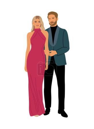 Illustration for Couple in trendy evening clothes standing together vector realistic illustration isolated on white. Stylish man and woman ready for formal or wedding event . Fashionable pair in elegant wear. - Royalty Free Image