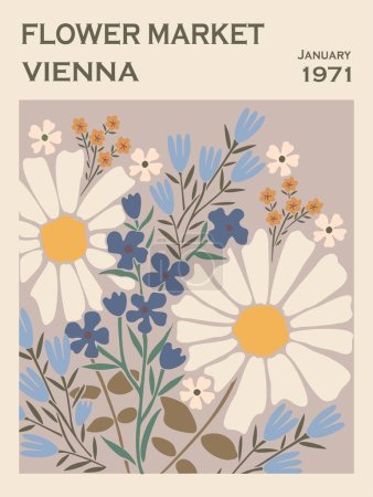 Illustration for Abstract poster Flower Market Vienna. Trendy botanical wall art with floral design in danish pastel colors. Modern naive groovy funky interior decoration, painting. Vector art illustration. - Royalty Free Image