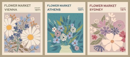 Ilustración de Set of abstract flower posters. Trendy botanical wall arts with floral design in danish pastel colors. Modern naive groovy funky interior decorations, paintings. Vector art illustration. - Imagen libre de derechos