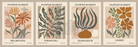 Ilustración de Set of abstract flower posters. Trendy botanical wall arts with floral design in earth tone colors. Modern naive groovy funky interior decorations, paintings. Vector art illustration. - Imagen libre de derechos