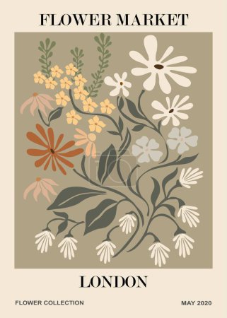 Illustration for Abstract poster Flower Market London print. Trendy botanical wall arts with floral design in earth tone colors. Modern naive groovy funky interior decorations, paintings. Vector art illustration. - Royalty Free Image