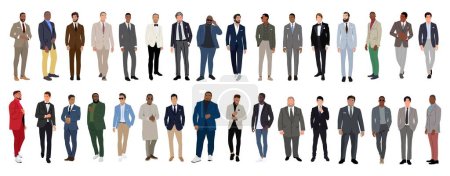 Illustration for Business men in different poses, walking and standing. Handsome male characters wearing formal suits and smart casual outfit. Multiracial business team. Set of people vector realistic illustrations. - Royalty Free Image