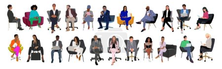 Illustration for Business people sitting, taking part in meeting, business event. Set of Different female, male characters in modern business outfits. Collection of vector realistic illustrations isolated on white. - Royalty Free Image