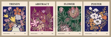 Set of abstract Flower Market posters. Trendy botanical wall arts with floral design in dark earthy tone colors. Modern naive groovy funky interior decorations, paintings. Vector art illustration.