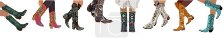 Ensemble de jambes en bottes de cow-boy de l'Ouest. Bottes de cowgirl décoratives élégantes brodées avec une décoration occidentale sauvage traditionnelle. Illustration vectorielle réaliste dessinée à la main isolée sur fond transparent.