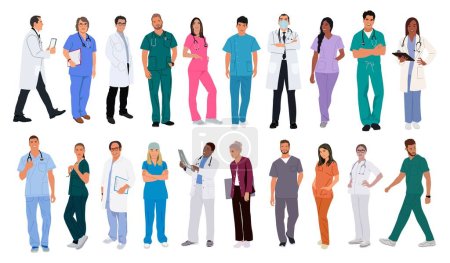 Illustration for Set of smiling doctors, nurses, paramedics. Different male and female medic workers in uniform with stethoscopes. Flat cartoon vector illustration isolated on transparent background. - Royalty Free Image