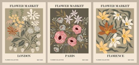 Illustration for Set of abstract Flower Market posters. Trendy botanical wall arts with floral design in earth tone sage green colors. Modern naive groovy botanical interior decorations, paintings. Vector illustration - Royalty Free Image
