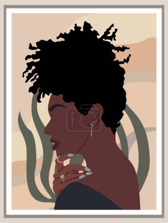 Illustration for Modern Woman Wall Art, Abstract Female Print, Boho Girl Wall Decor, Mid Century wallpaper design with stylish black woman and tropical leaves. Vector illustration in Earthy Tones. - Royalty Free Image