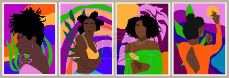 Modern Woman Wall Art Sammlung, Abstrakte Female Prints, Black Art Wall Decor, helle vivd Tapeten-Design mit stilvollen schwarzen Frauen und tropischen Blättern. Vektor bunte Illustrationen.
