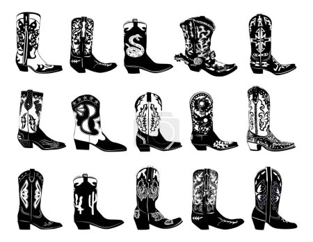 Set aus verschiedenen Cowboystiefeln. Schuhpaare. Verschiedene monochrom schwarze Zeichnungen von Cowgirl-Stiefeln. Wildwest-Konzept. Handgezeichnete Gravur Vector Art Illustrationen auf weißem Hintergrund.