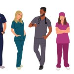 Set of smiling doctors, nurses, paramedics. Different male and female medic workers in uniform scrubs with stethoscopes. Flat cartoon realistic vector illustration isolated on transparent background.