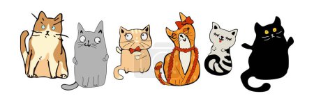 Ilustración de Conjunto de lindos adorables gatos de dibujos animados. Colorida colección de personajes de ilustración vectorial dibujada a mano aislada sobre fondo blanco. Familia de gatos, negros, rojos, grises, gatitos desnudos. - Imagen libre de derechos