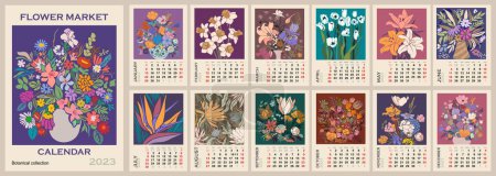 Illustration for Floral calendar template for 2023 . Vertical design with abstract flowers. Vector illustration page template A3, A2 for printable wall monthly calendar. Week starts on Monday. - Royalty Free Image