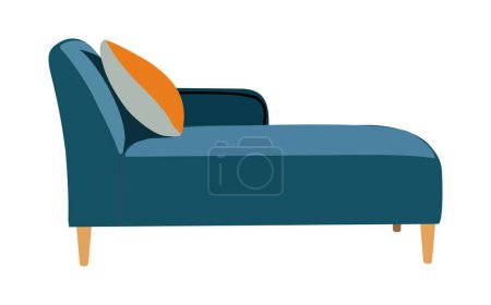 Illustration for Blue teal sofa with orange pillow Mid Century modern retro style. Vintage interior element. Couch, divan, ottoman for living room, lounge zone. Vector illustration isolated on white background. - Royalty Free Image