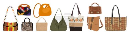 Illustration for Set of various stylish female bags. Womens handbag, cross body, tote, shopper, hobo, clutch, purse. Fashionable leather handmade accessories. Hand drawn trendy Vector illustrations isolated on white. - Royalty Free Image