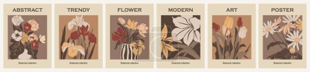 Illustration for Set of abstract flower market posters. Trendy botanical wall arts with floral design in terracotta colors. Modern naive groovy funky interior decorations, paintings. Vector art illustration. - Royalty Free Image