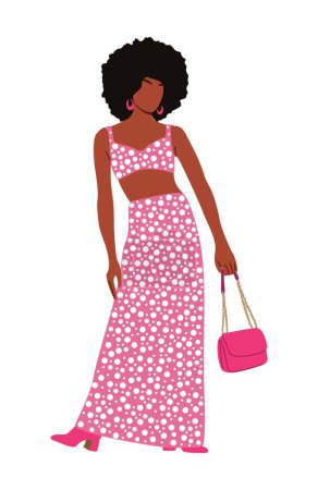 Stilvolle junge schwarze Frau in modischer Sommerkleidung. Hübsches afrikanisch-amerikanisches Mädchen im High Fashion Outfit, rosa Maxi-Kleid mit Tupfen-Print, Tasche. Vektor realistische Darstellung.