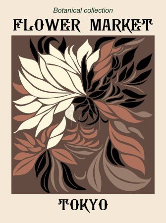 Illustration for Abstract Flower Market Tokyo poster. Trendy botanical wall art with floral design in beige and black colors. Modern naive groovy funky interior decoration, painting, print. Vector art illustration. - Royalty Free Image