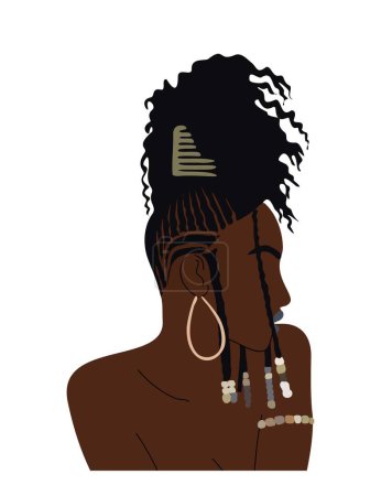 Illustration for Abstract Black Woman Portrait for Female Print, Boho Girl Wall Art , Mid Century modern design, avatar. Stylish afro woman Vector illustration in Earthy Tones on white background. - Royalty Free Image