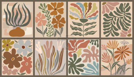 Illustration for Set of abstract flower posters. Trendy botanical wall art with floral design in earth tone colors. Modern naive groovy funky hippie decoration, painting, print, background, cover. Vector illustration. - Royalty Free Image