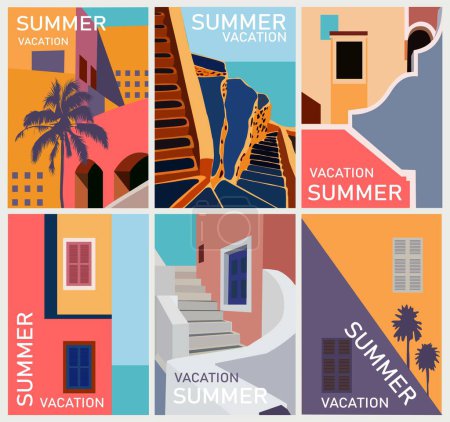 Illustration for Summer Vacation abstract architectural poster. Vector landscape illustration with colorful building, sea view. Summer holidays, vacation, travel. Modern minimalist design, card, cover, banner, flyer. - Royalty Free Image