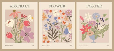 Téléchargez les illustrations : Set of abstract flower posters. Trendy botanical wall arts with floral design in danish pastel colors. Modern naive groovy funky interior decorations, paintings. Vector art illustration. - en licence libre de droit