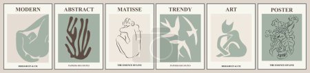 Téléchargez les illustrations : Ensemble d'affiches abstraites aux couleurs vertes sauge modernes. Trendy Matisse a inspiré l'art mural contemporain. Design minimaliste esthétique. Illustrations d'art vectoriel. - en licence libre de droit