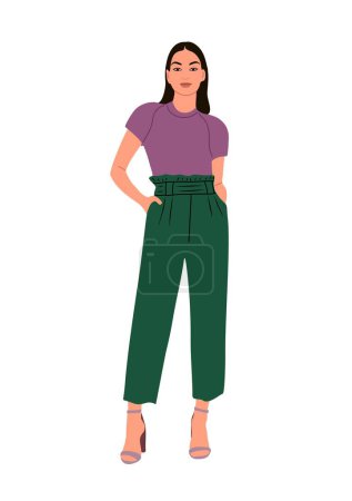 Illustration for Modern woman in fashionable smart casual summer office outfit. Pretty girl wearing pants, blouse and high heels. Cartoon character vector realistic illustration Isolated on white background. - Royalty Free Image