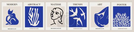 Ilustración de Conjunto de carteles abstractos en colores azules modernos. Trendy Matisse inspiró el arte mural contemporáneo con mujeres abstractas, gatos, pájaros, algas, recortes y arte de línea. Ilustraciones vectoriales minimalistas estéticas. - Imagen libre de derechos
