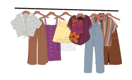 Bunte Kleidungsstücke hängen auf Kleiderbügeln im Kleiderschrank oder im Geschäft. Moderne Sommermode in lässiger Garderobe. Handgezeichnete Vektordarstellung isoliert auf weißem Hintergrund.