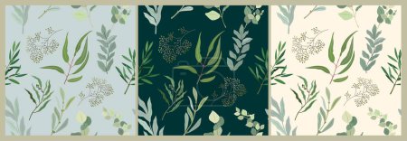 Illustration for Eucalyptus leaves colorful seamless pattern on beige, black and blue background. Hand drawn plant branches, twigs. Botanical wallpaper, fabric, textile, wrapping paper vector botanical illustration. - Royalty Free Image