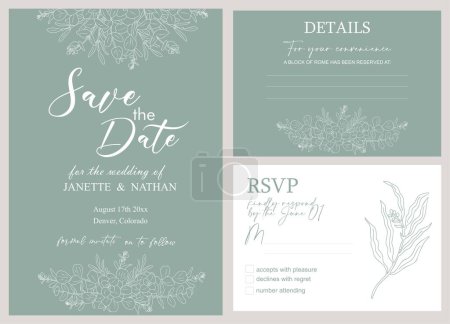 Illustration for Elegant Wedding Invitation, Save the Date template. Minimalist botanical Wedding invitation card with eucalyptus leaves and branches line art drawing. Vector illustration in modern sage green colors. - Royalty Free Image