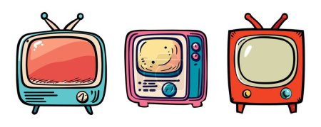 Hand drawn comic retro TV set. Old vintage 70s, 80s television vector colorful illustration isolated on white background. Cartoon doodle mid century modern house objects.